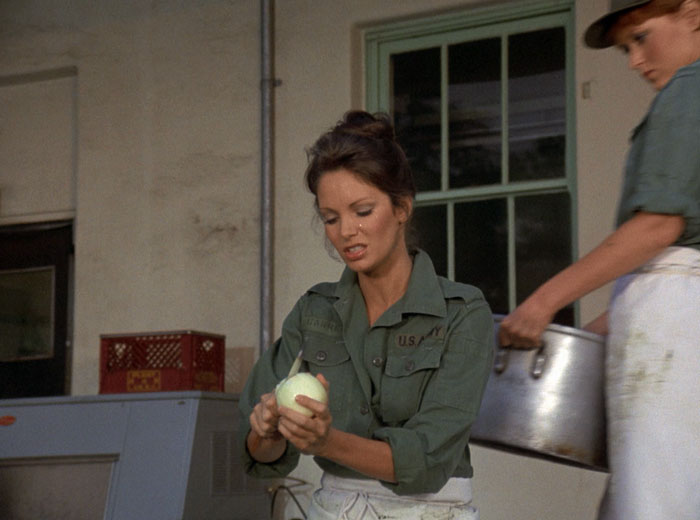 Kelly (Jaclyn Smith) in army fatigues and  white apron cuts up an onion as another recruit walks by in the background
